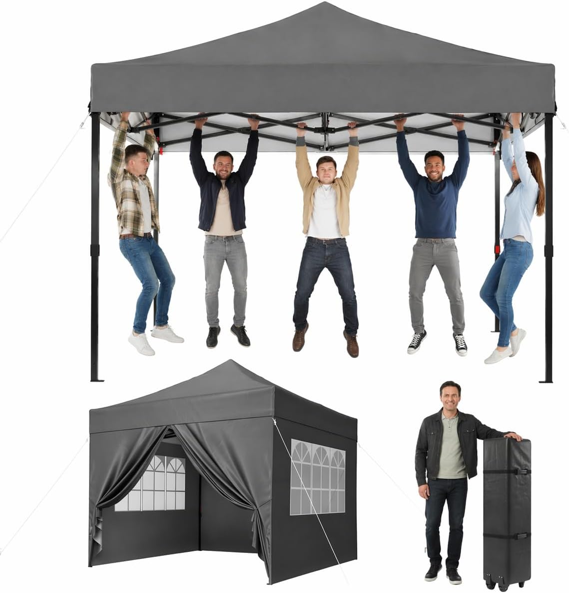 Aoxun Faltpavillon 3x3m Wasserdicht Stabil, Pop Up Pavillon mit Seitenwänden, UV-Schutz 50+ Gartenzelt Inkl. Rolltasche, Sandbags, Strand, Grau