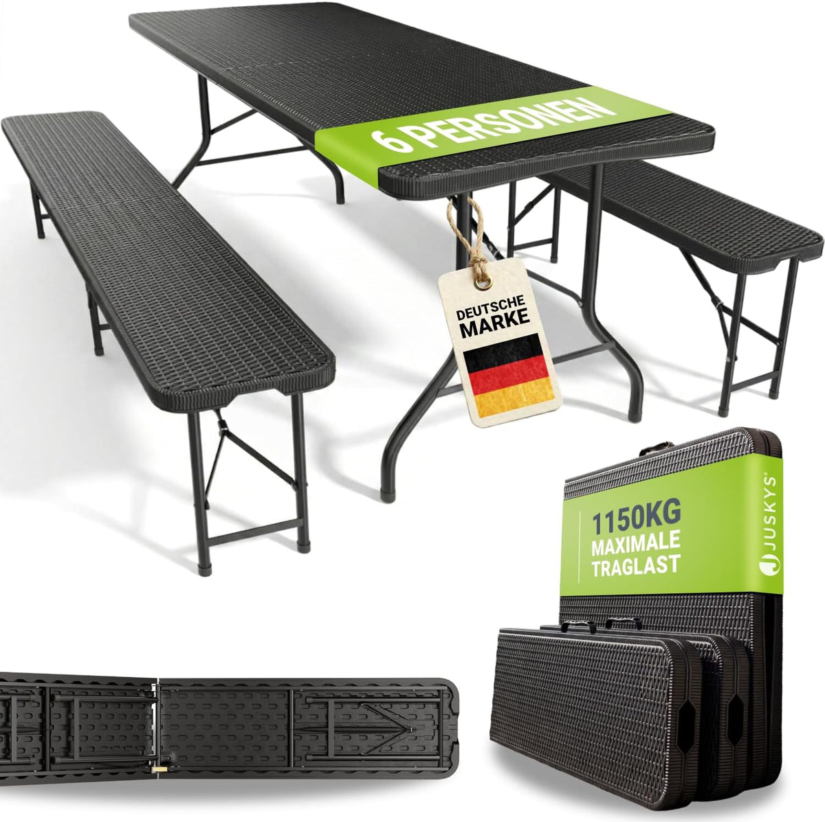 Juskys Bierzeltgarnitur Amberg 3-teilig & klappbar, 180 x 74 x 74-2 Bierbänke & Biertisch in Rattan-Optik Gartenmöbel-Set Festzeltgarnitur Camping