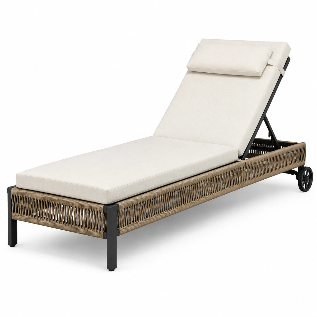 Gartenliege mit verstellbarer Rückenlehne und Rollen, Beige/Braun/Schwarz, 200 × 70 × 98 cm