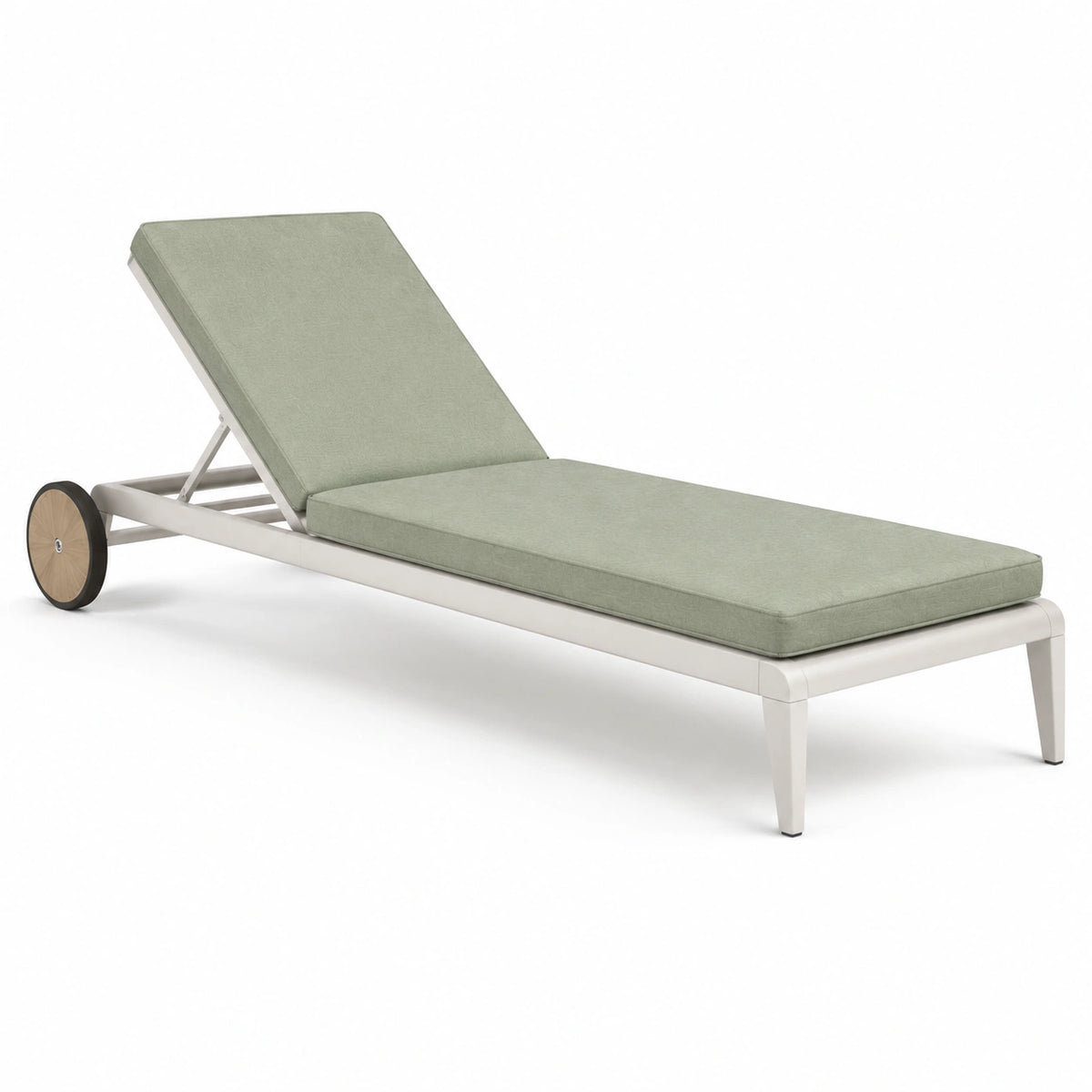 Gartenliege aus Metall in Creme mit salbeigrüner Auflage, verstellbarer Rückenlehne und Rollen, 200 × 70 × 90 cm