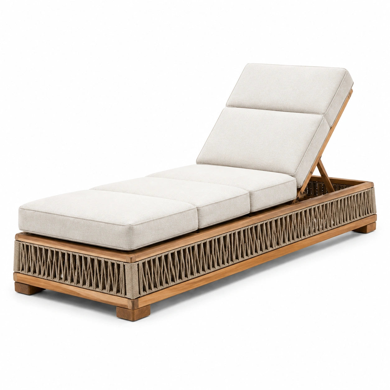 Verstellbare Gartenliege aus Holz mit Polsterauflage und Seilgeflecht, Creme/Braun/Taupe, 200 × 75 × 95 cm