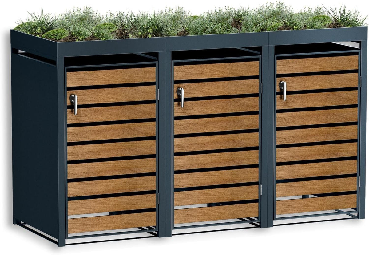 Metzler Mülltonnenbox 3er 240L in Anthrazit & Holzoptik mit Pflanzdach & Sichtstreifen, Mülltonnenverkleidung 3 Tonnen mit Automatikdeckel