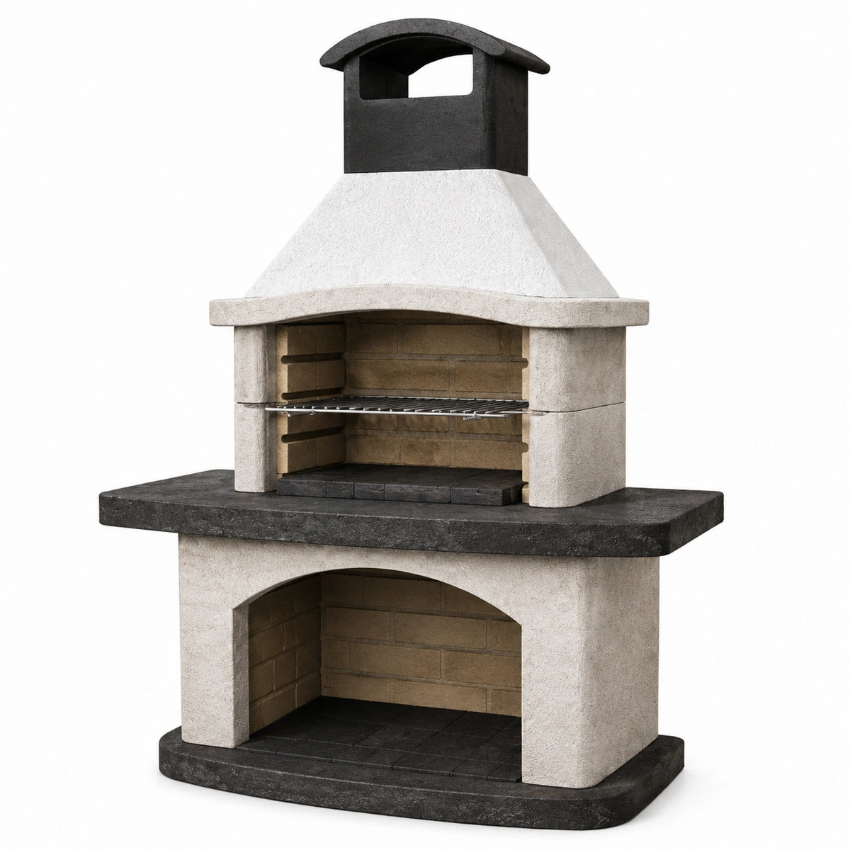 Grillkamin aus Beton mit höhenverstellbarem Edelstahlrost und Ablage, 110 × 65 × 200 cm, Weiß/Schwarz/Braun