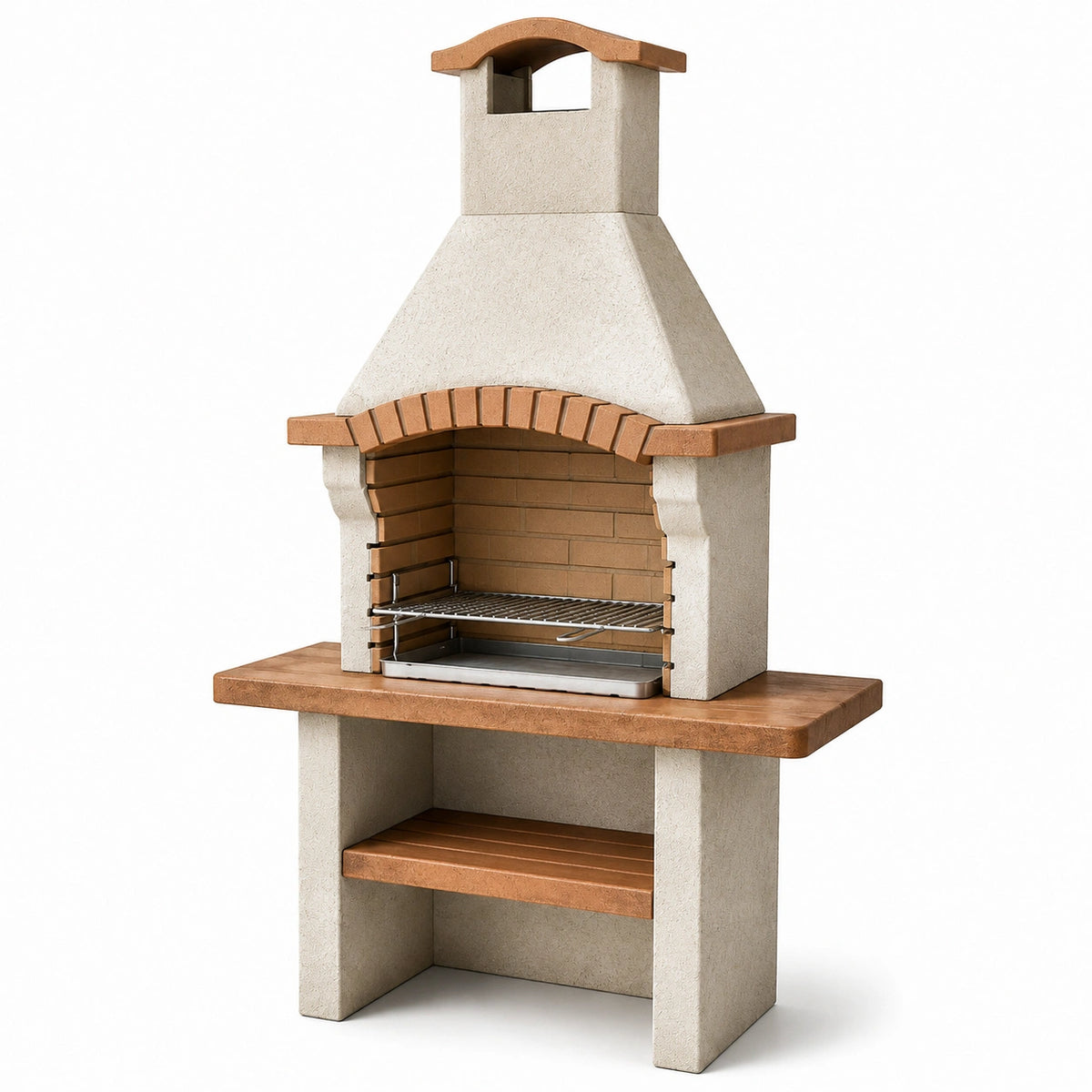Holzkohlegrill aus Betonwerkstoff mit Kamin, Grillrost und Ablage, Beige/Terrakotta/Silber, 110 × 65 × 210 cm