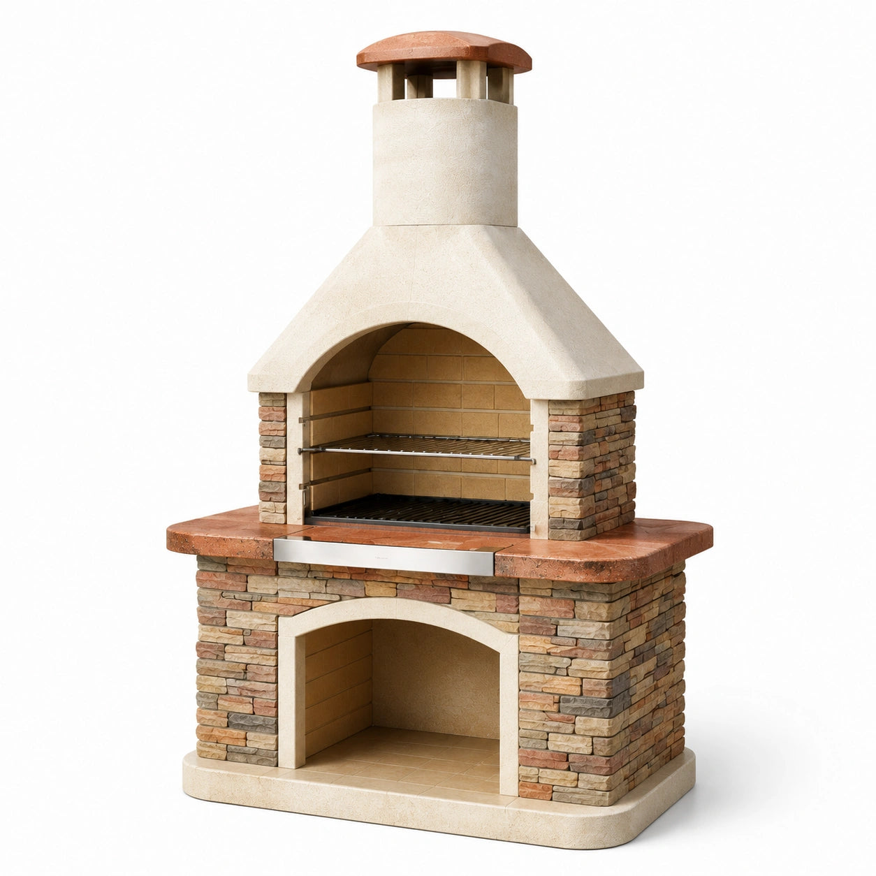 Grillkamin aus Beton und Kunststein in Beige/Braun/Grau, 110 × 65 × 210 cm, mit höhenverstellbarem Grillrost und Ablagefach