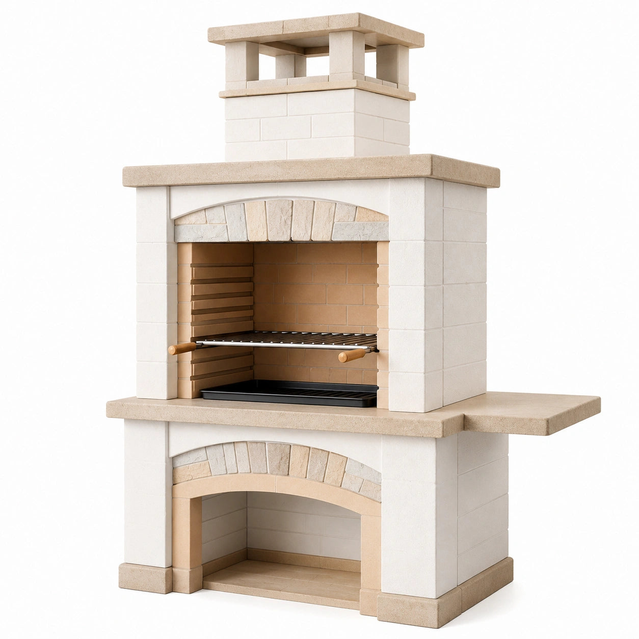 Gartenkamin aus Betonwerkstoff mit höhenverstellbarem Grillrost, 130 × 65 × 210 cm, Creme und Beige