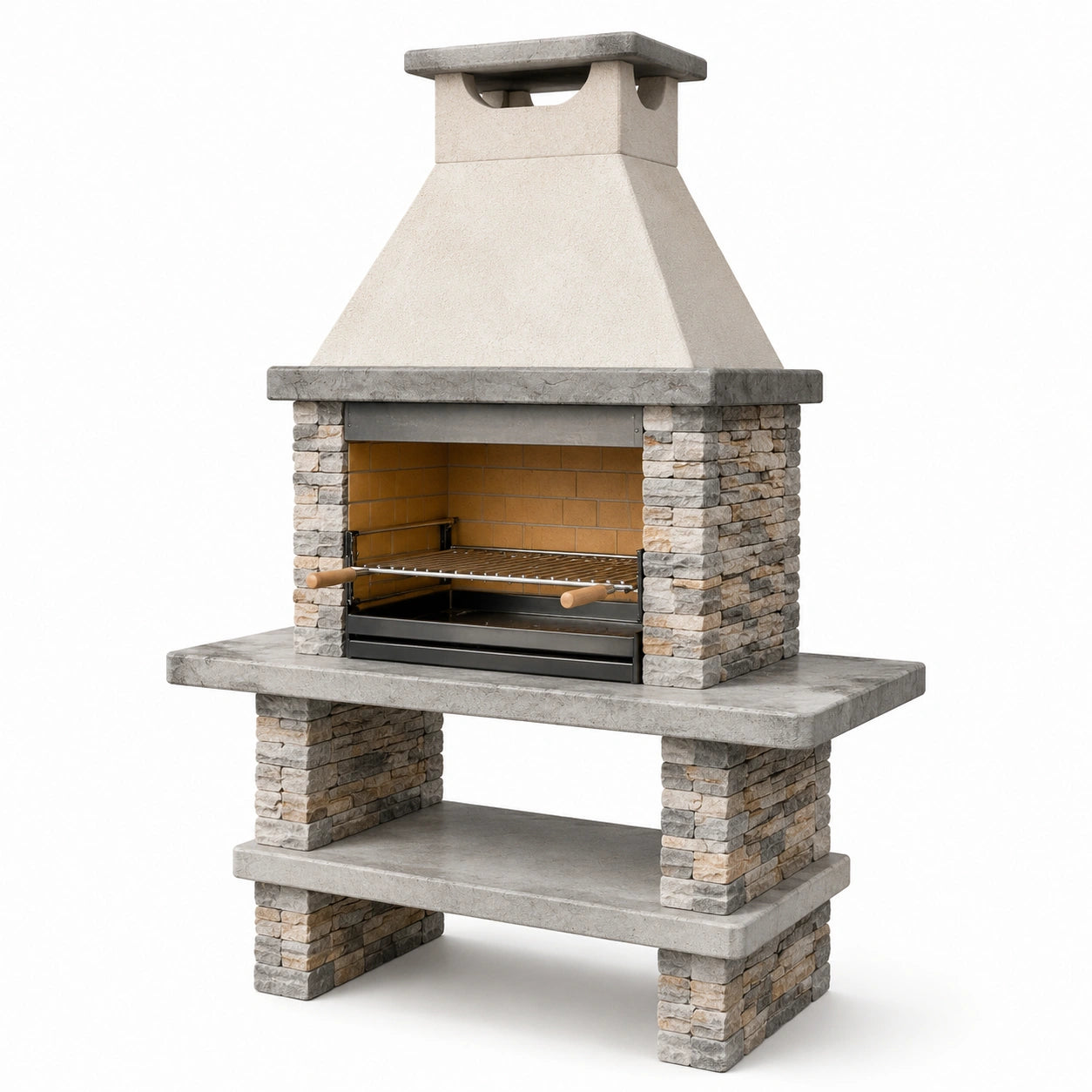Holzkohle-Gartengrill aus Betonwerkstein mit Kaminhaube und Ablage, 125 × 65 × 230 cm, Grau/Beige/Braun/Schwarz