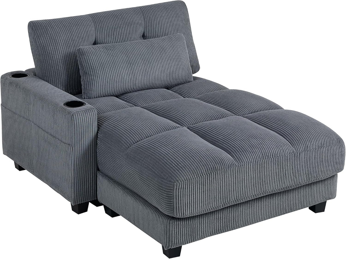 HOMCOM Chaiselongue 2 Sitzer Schlafsofa Cord-Optik 114 x 147 cm Dunkelgrau