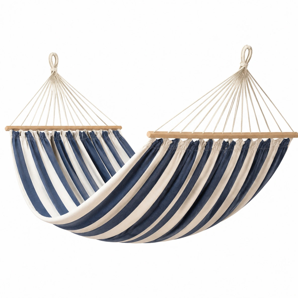 Hängematte mit Holzstäben, 200 × 100 × 1 cm, blau-cremefarben gestreift, für Garten, Terrasse und Balkon