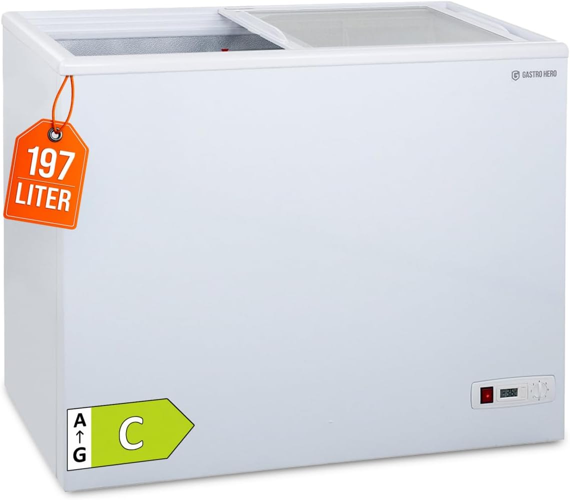 GastroHero Gefriertruhe ECO 200 I Tiefkühltruhe groß 197L I Kühltruhe abschließbar I Gefriergerät mit Glasschiebedeckel I -18°C bis -22°C