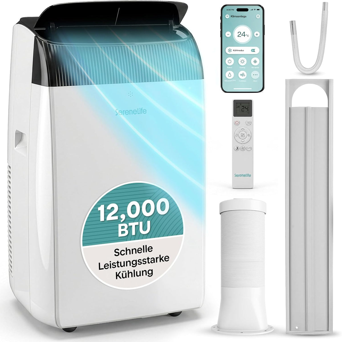 SereneLife Mobile Klimaanlage 12000 BTU, 3.52kW- Für Räume bis 40 m², Klimagerät mit Abluftschlauch Fensterkit, WLAN, Leiser Betrieb, Rollen und Timer