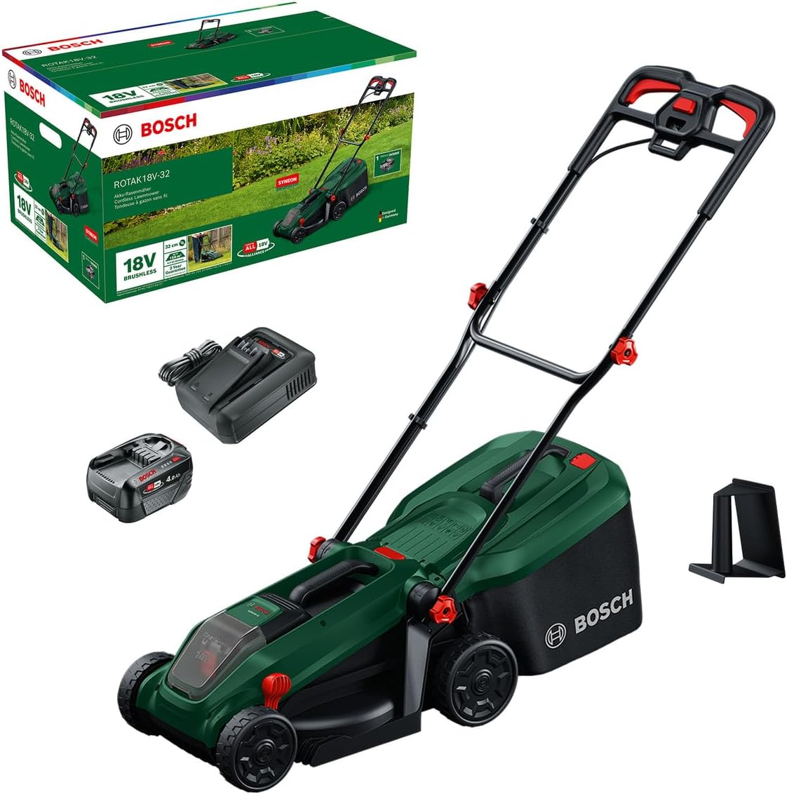Bosch ROTAK18V-32 Akku-Rasenmäher (Schnittbreite: 32 cm, Schnitthöhe: 25-65 mm, 35 l Stoff-Grasfangkorb, Mulchstopfen, inkl. Akku und Ladegerät)