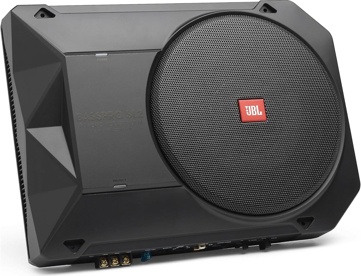 JBL BassPro SL2 Aktiv Subwoofer Auto Set, Car hifi Untersitz Bassbox Gehäuse mit Bassreflex Woofer box groß 200mm und 125 Watt aktiver Verstärker, 44