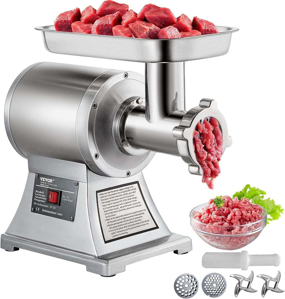 VEVOR Elektrischer Fleischwolf 850 W, Hackfleisch Maschine 150 kg pro Stunde, Elektrische Wurstmaschine 448 x 210 x 387 mm, Edelstahl 193 U/min