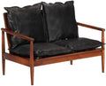 Schwarzes 2-Sitzer-Sofa aus echtem Leder mit Gestell aus massivem Akazienholz für Wohnzimmer