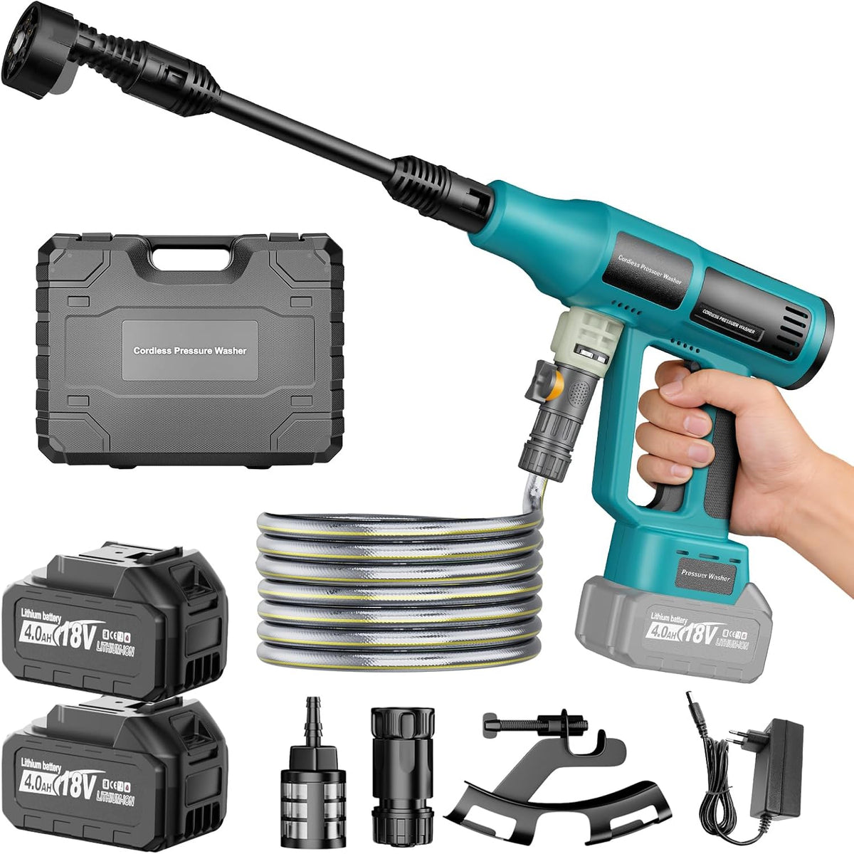 Akku Hochdruckreiniger, 700PSI Mobiler Akku Druckreiniger Kompatibel mit Makita 18V Akkus, 6-in-1Düse, Hochdruckreiniger mit 2×4.0Ah, Schaumsprüher