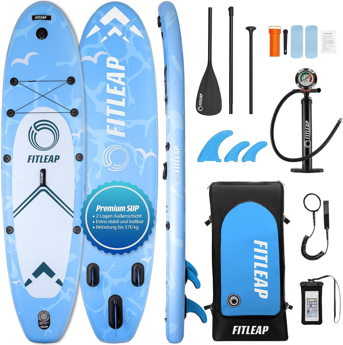 Fitleap Stand Up Paddle Board Set komplett mit Pumpe, Paddel und Rucksack