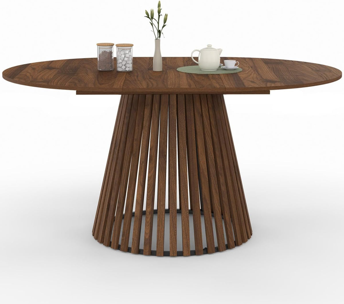 IDMarket, 150 cm, Fuß aus Nussbaum, Platte aus Nussbaum, Esstisch, ausziehbar, rund, Carmen, 4-8 Personen, Latten, 110