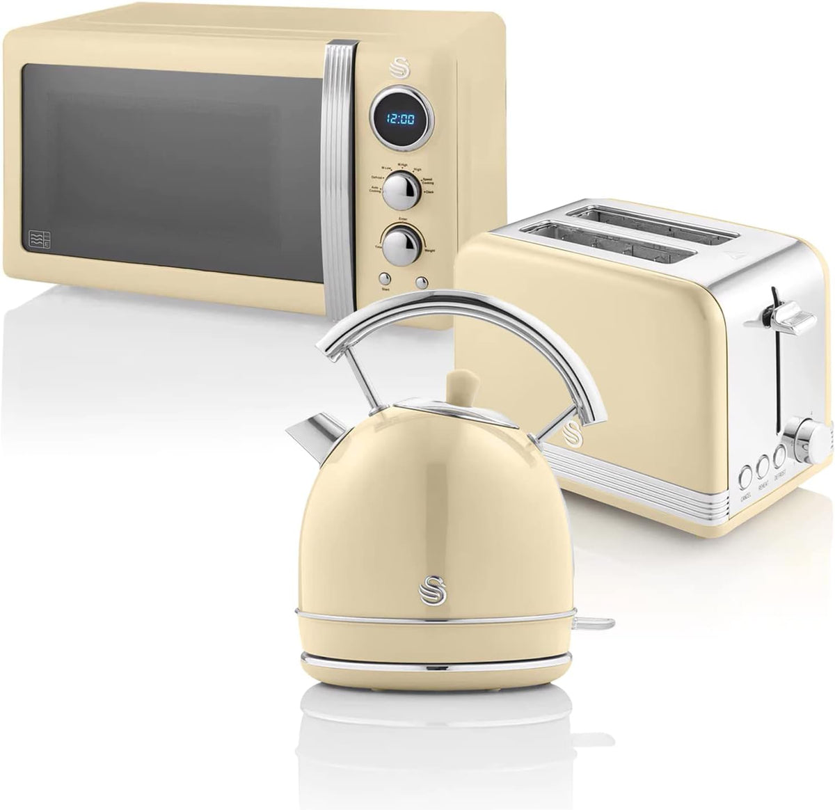 Swan Retro Frühstücks-Set 1,8 L Wasserkocher, 20L Digital-Mikrowelle, 2 Scheiben Breitschlitz-Brottoaster, 6 Leistungsstufen, Timer, Spiegeltür, Creme