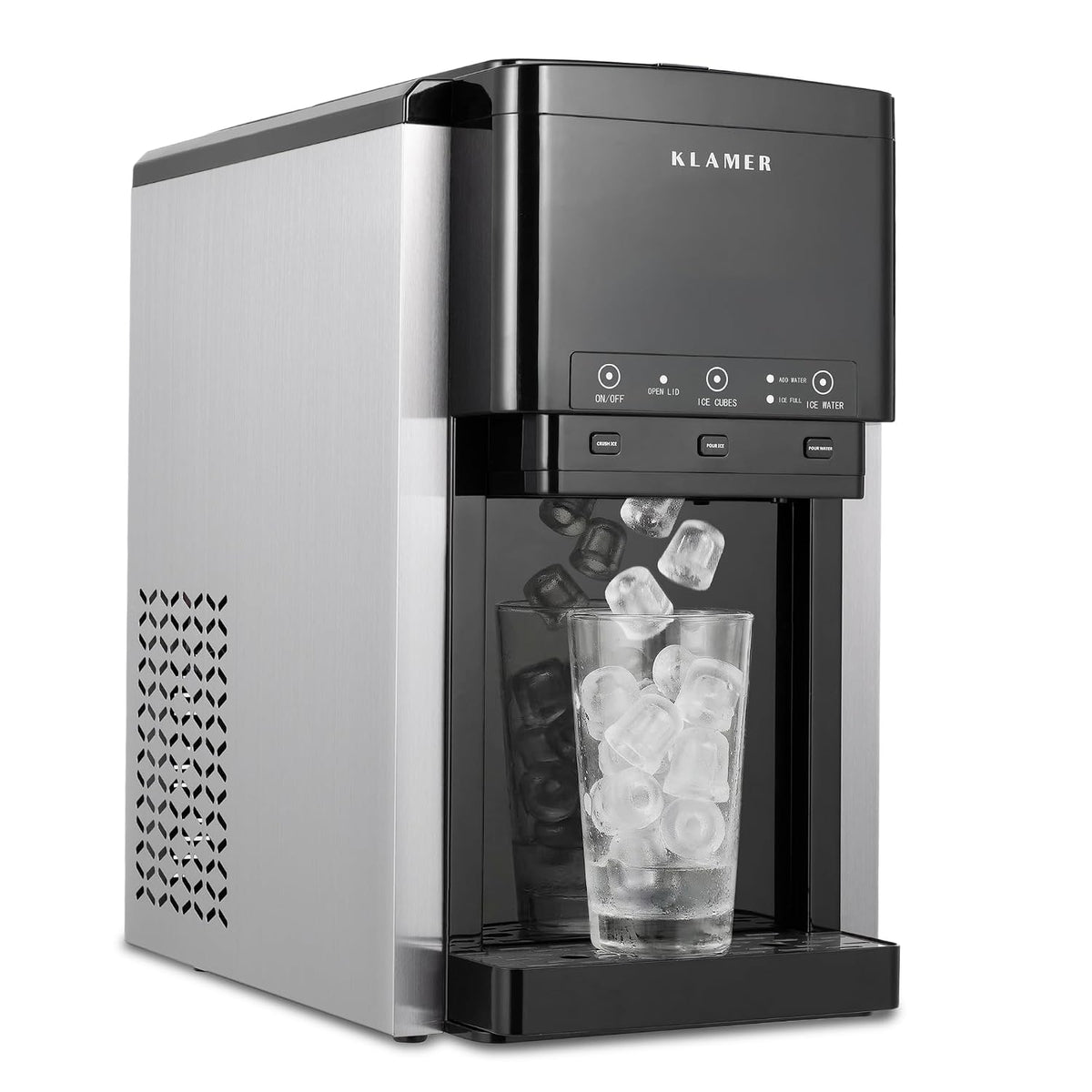 KLAMER 3-in-1 Eiswürfelmaschine, 18–20 kg/24h, 2,1 L Tank, Crushed Ice & Eiswasser, Kugeleis 12 Stück in 7 Min, Ice Maker, Wasserspender