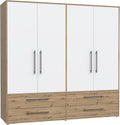 FORTE Jupiter Schrank 200 210, 4-türig, 206 cm breit x 59 cm tief x 200 cm hoch, mit 2 Schubladen und Einlegeböden, Weiß mit Holz Dekor: Artisan Eiche