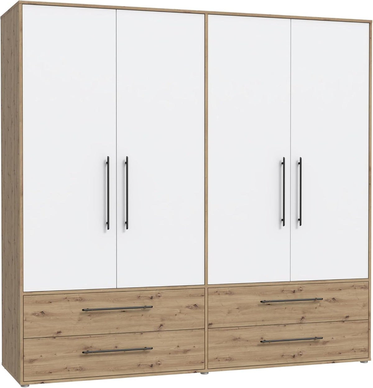 FORTE Jupiter Schrank 200 210, 4-türig, 206 cm breit x 59 cm tief x 200 cm hoch, mit 2 Schubladen und Einlegeböden, Weiß mit Holz Dekor: Artisan Eiche