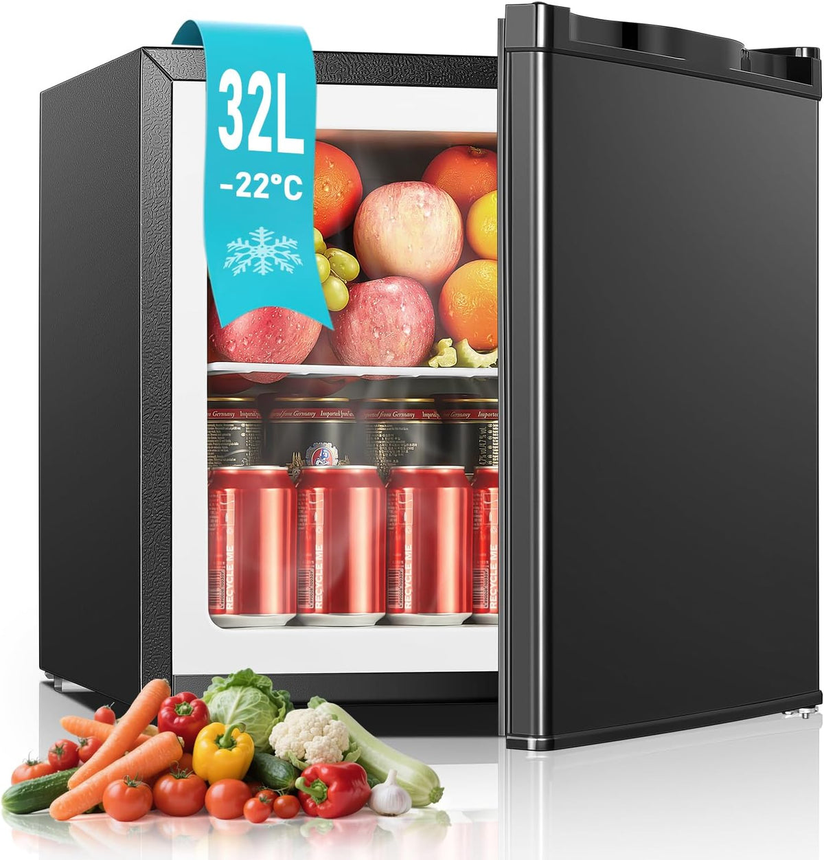 FOHERE Mini Gefrierschrank 32L -22°C Edelstahl Klein Kompakt Leise 43db Gefrierbox, für Büro Camping Outdoor [Energieklasse E]