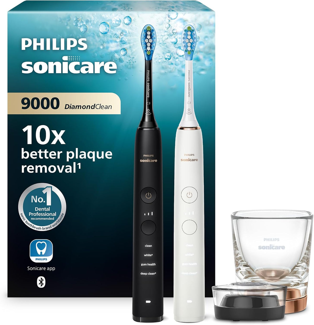 Philips Sonicare DiamondClean 9000 elektrische Zahnbürste, Modell HX9914/57, Schallzahnbürste mit App, Andruckkontrolle, 4 Putzmodi, Ladeglas