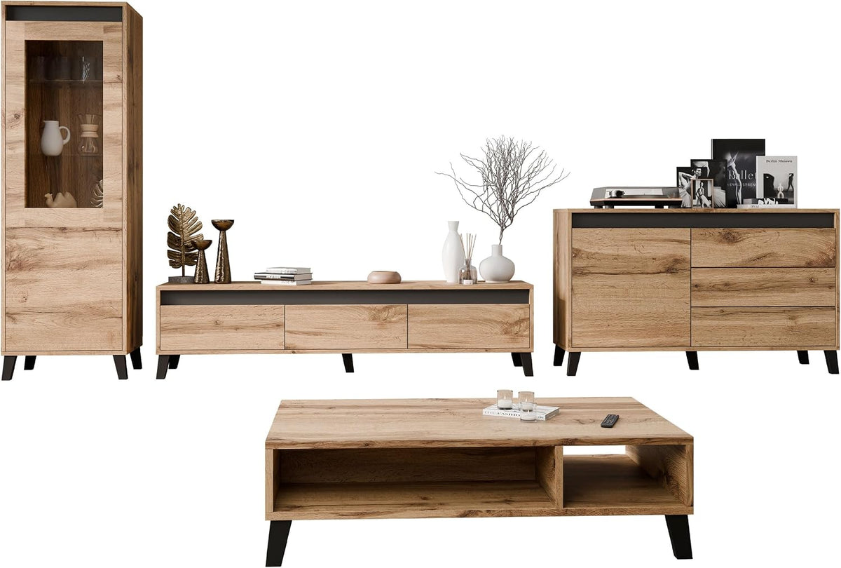 Mirjan24 Wohnzimmer-Set Kaspro I, Schrankwand im Set: 2X Kommode, Vitrine (Wotan/Anthrazit), Wohnzimmerschrank, TV-Lowboard, Couchtisch