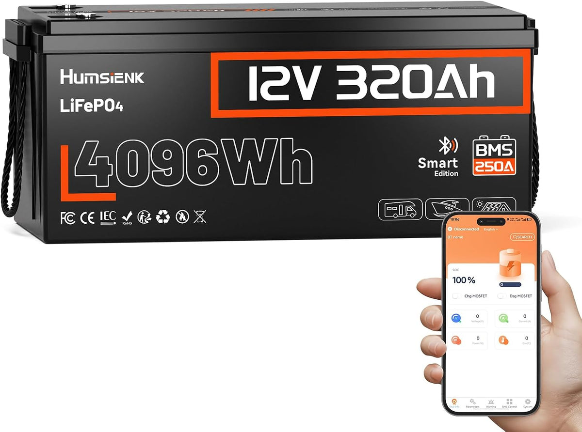 HumsiENK 12V 320Ah LiFePO4 Battery with Bluetooth 4096Wh, 250A BMS