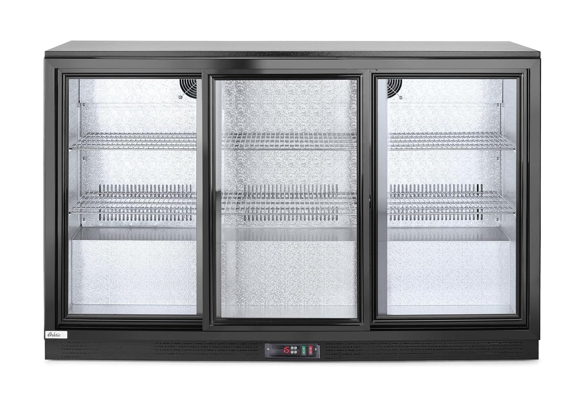 HENDI Getränkekühlschrank, 308L, 230V/160W, 1350x520x(H) 865mm, Temperaturbereich: 0° bis 10°C, mit 6 verstellbaren Regalböden, 3 Schiebetüren, Glas