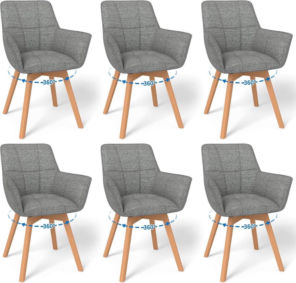 WAFTING 6er Set Drehbare Esszimmerstühle, 360° Drehstuhl mit Armlehnen Holzbeinen, Samtstoff Polsterstuhl für Esszimmer, Wohnzimmer, Küche, Dunkelgrau