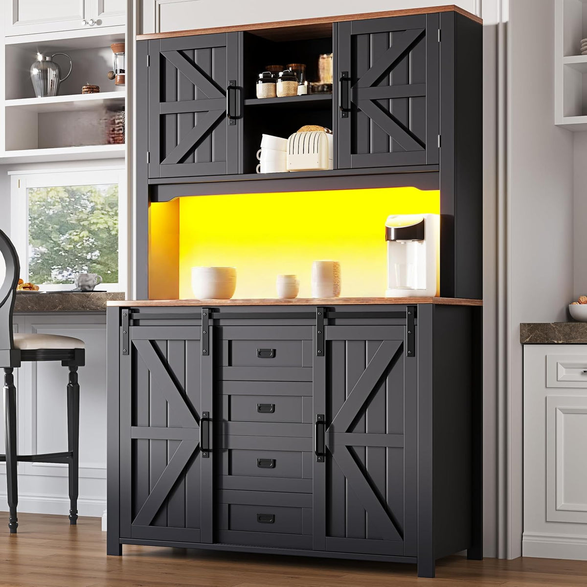 Küchenschrank Buffetschrank Höhe 174.7 cm mit LED Licht und 2 Schubladen, Schrank Schwarz, Hochschrank Vorratsschrank mit Schiebetüren, Küchenmöbel