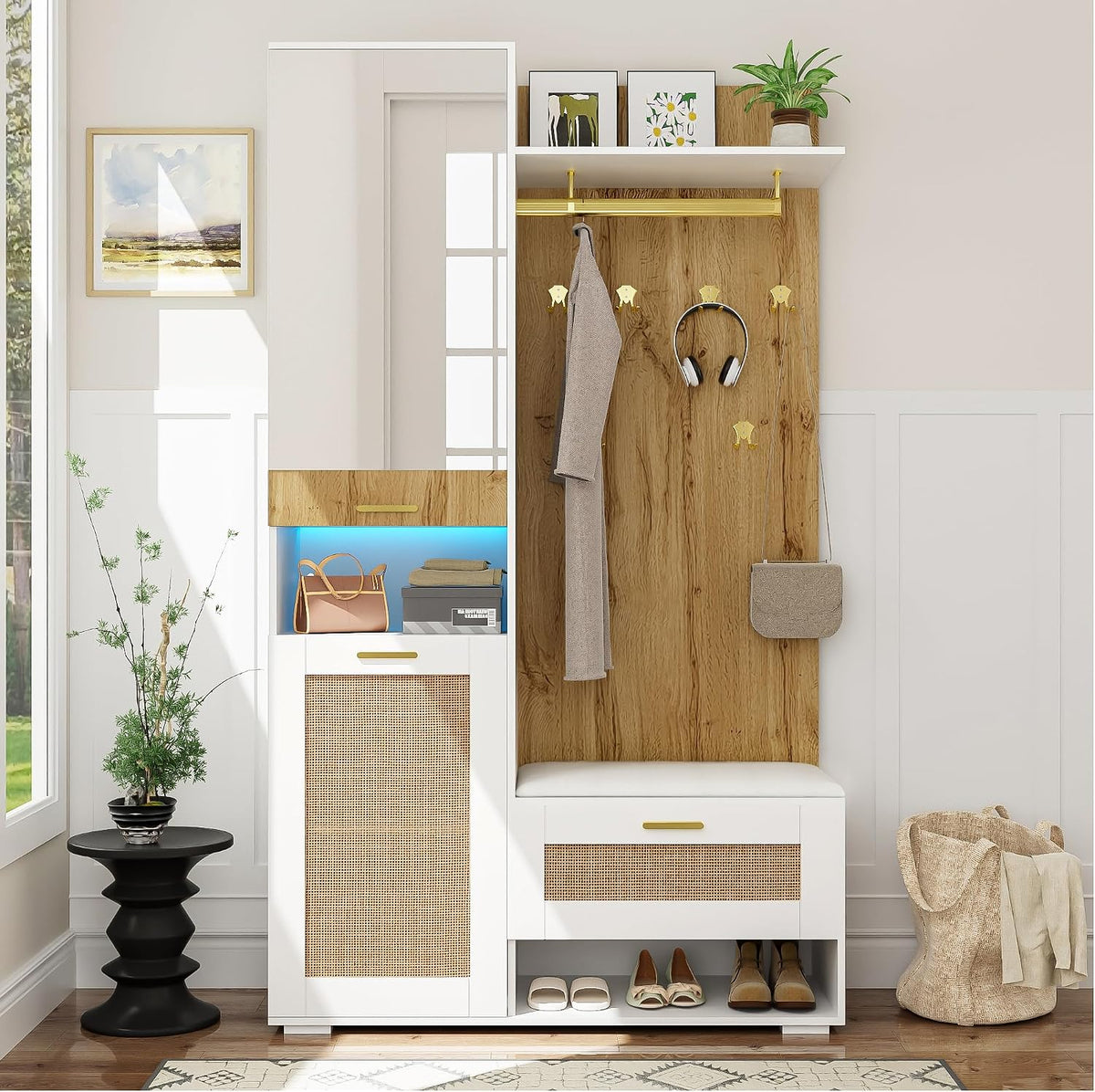 LAKFEW Garderobe mit Sitzbank und LED-Beleuchtung, Flurgarderobe mit Oberem Stauraumfach und Spiegel, 110x38x190 cm, Flur Möbel