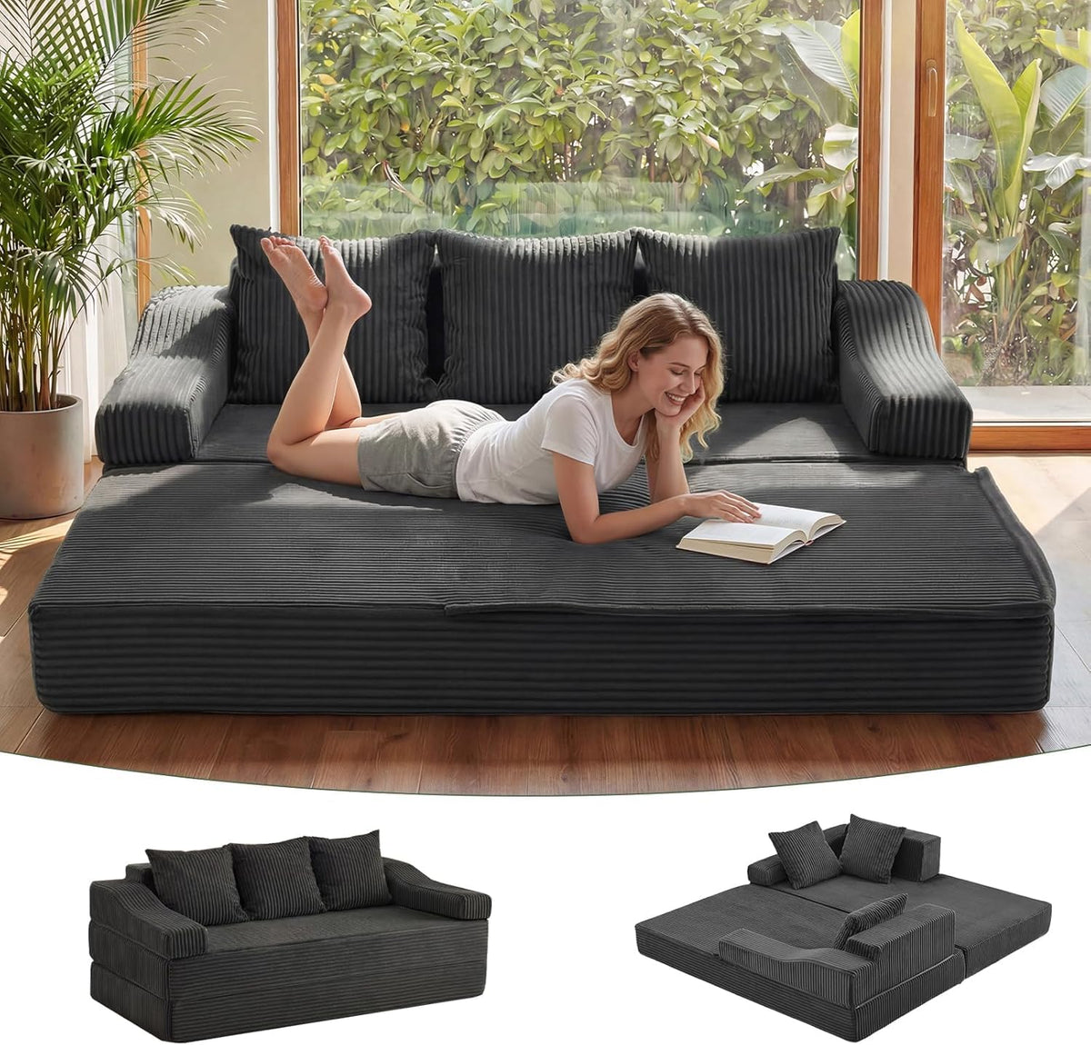 APICIZON Schlafsofa, 3 Sitzer Sofa Bed mit Schlaffunktion, Klappbare Matratze für Wohnzimmer, 2-in-1 Boneless Couch, 200 cm, Bodensofa mit Kissen