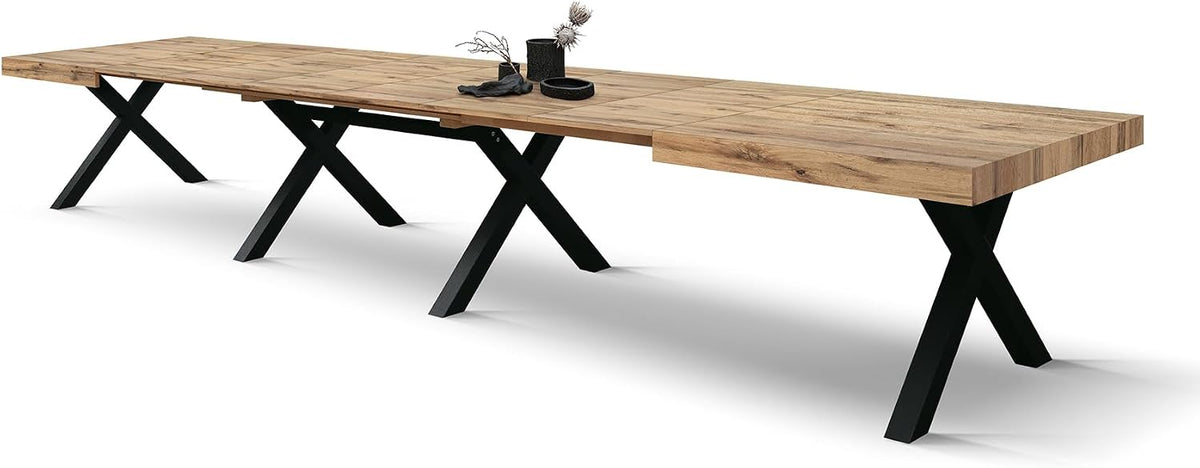 PAZZO DESIGN Ausziehbarer Tisch Roberta, von 180 bis 480 cm, Wohnzimmertisch, Küchentisch, rustische Eiche, schwarze X-förmige Beine, id_2005