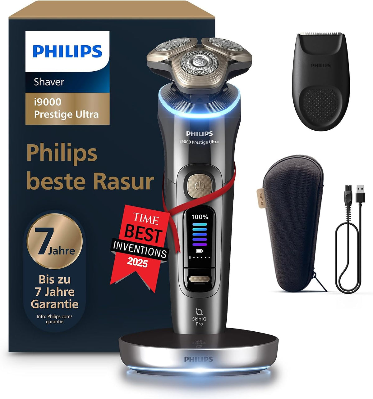 Philips Rasierer i9000 Prestige Ultra, Ladestation und Reiseetui (Modell XP9402/11), elektrischer Nass- und Trockenrasierer für Herren, dunkelgrau