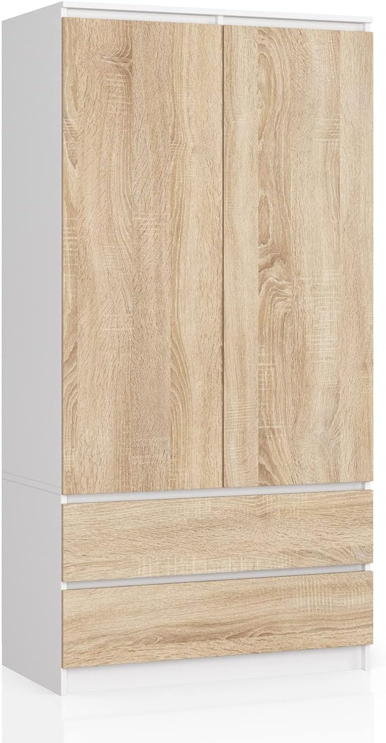AKORD Zweitüriger Kleiderschrank S 90 cm 2 Schubladen mit Regalen und Einer Kleiderstange für EIN Schlafzimmer Kleiderschränke Minimalistischer Stil
