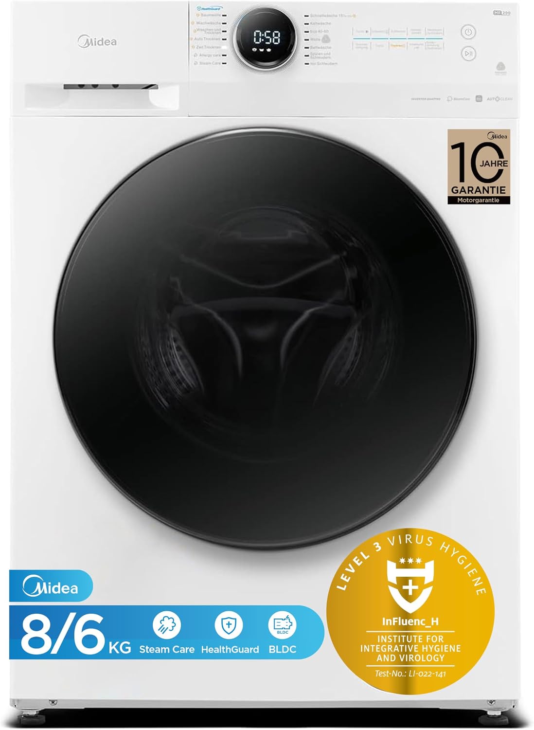 Midea MF200D86WB-14DAS Waschtrokner, 8&6kg Waschen&Trocknen, 48 cm tief, Inverter Mortor, Auffrischen, 60 Min. Waschen & Trocknen, Steam Care, Turbo