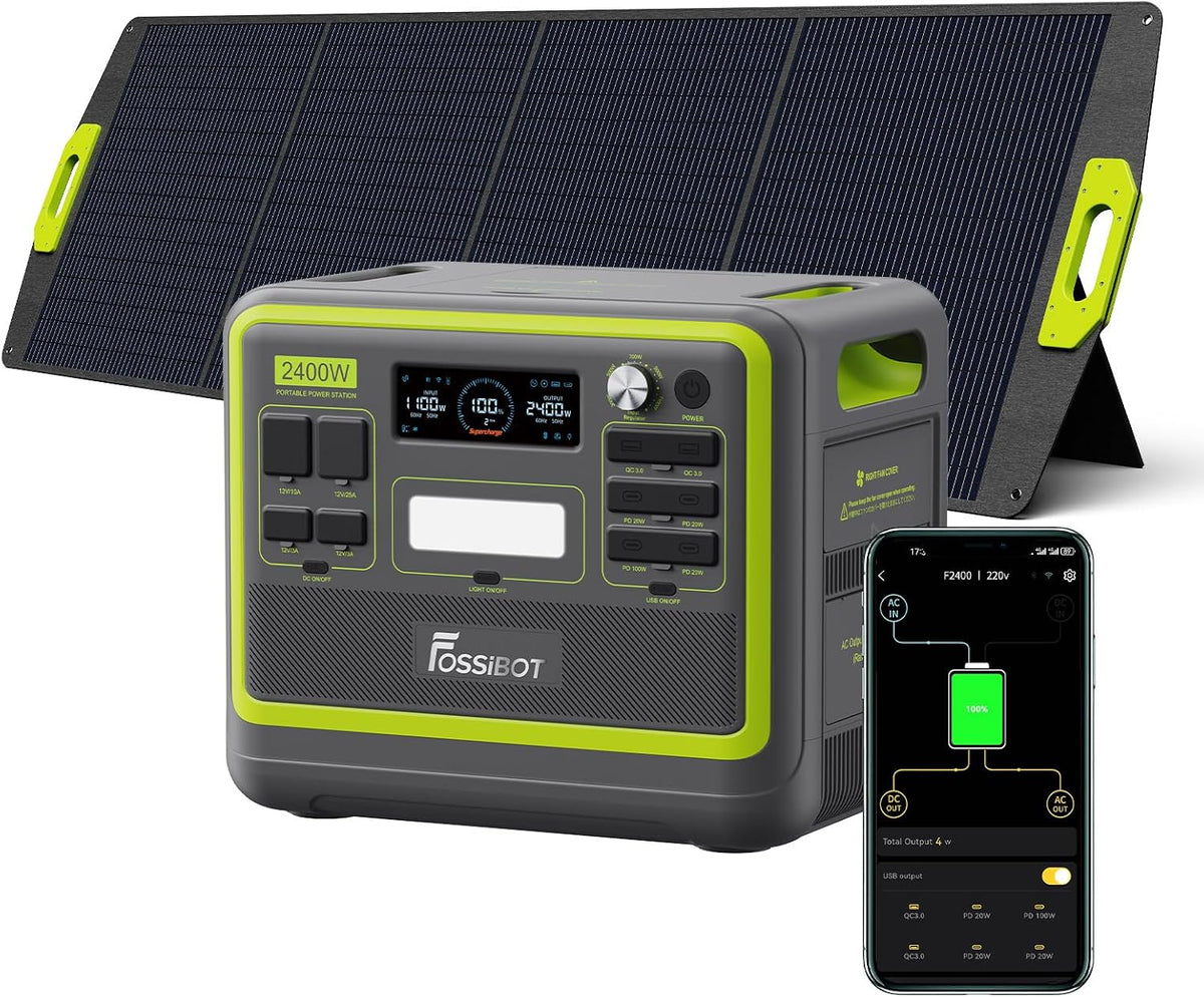FOSSIBOT Powerstation 2400W AC Ausgängen (4800 W Peak) F2400, Stück mit 200W Solarpanel Power Station, Camping, RV und Notfall, 1100W