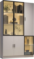 Vitrine mit Glasschrank Tür und LED-Licht, 120x35x200 cm, Vitrinenschrank Glasvitrine mit MultiStorage Bücherregal, Highboard Sammlervitrine mit Griff