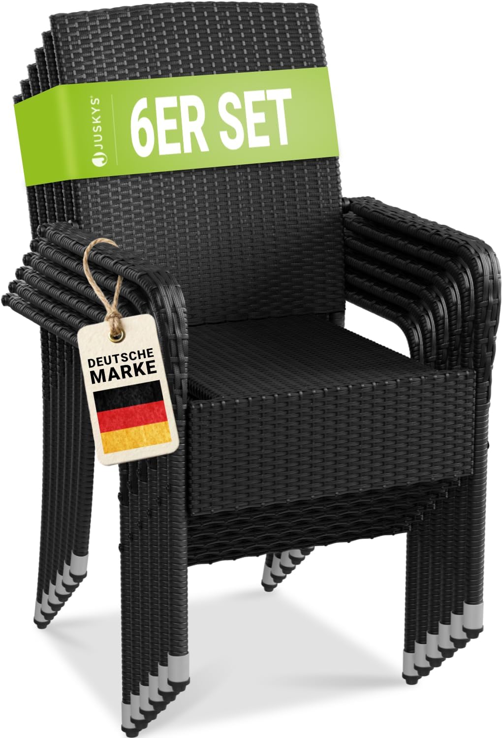 Juskys Polyrattan Gartenstühle Yoro 6er Set mit Armlehnen & Rückenlehne, Rattan Stuhl Garten, 6 Stühle stapelbar, Stapelstuhl Schwarz