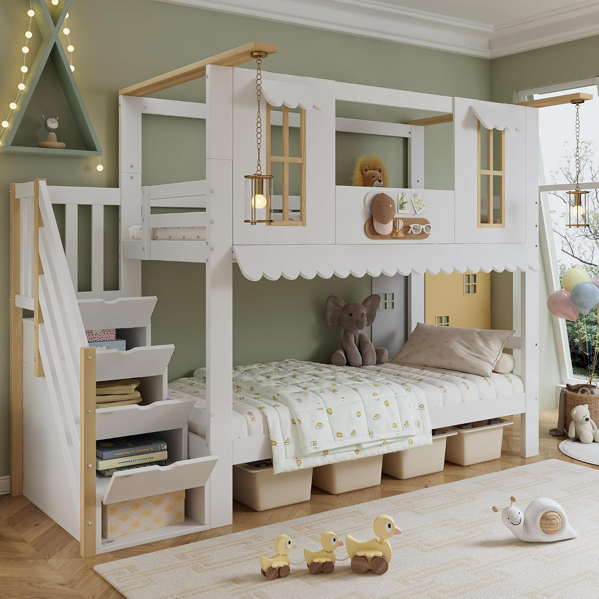 Kinderbett 90x200, Ohne Matratze, Etagenbett für 2 Kinder, Hausbett Hochbett mit Treppe&Fenstern&Dach, Weiß+Natur