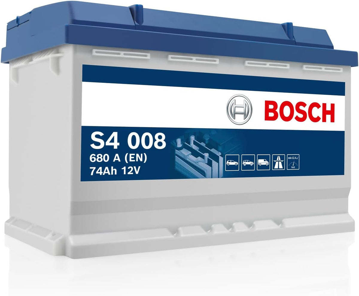 Bosch S4 008 Autobatterie 74 Ah, Blei-Säure-Batterie für Fahrzeuge ohne Start-Stopp-Automatik, 12 V, 278 x 175 x 190 mm, 680 A, Polarität: links
