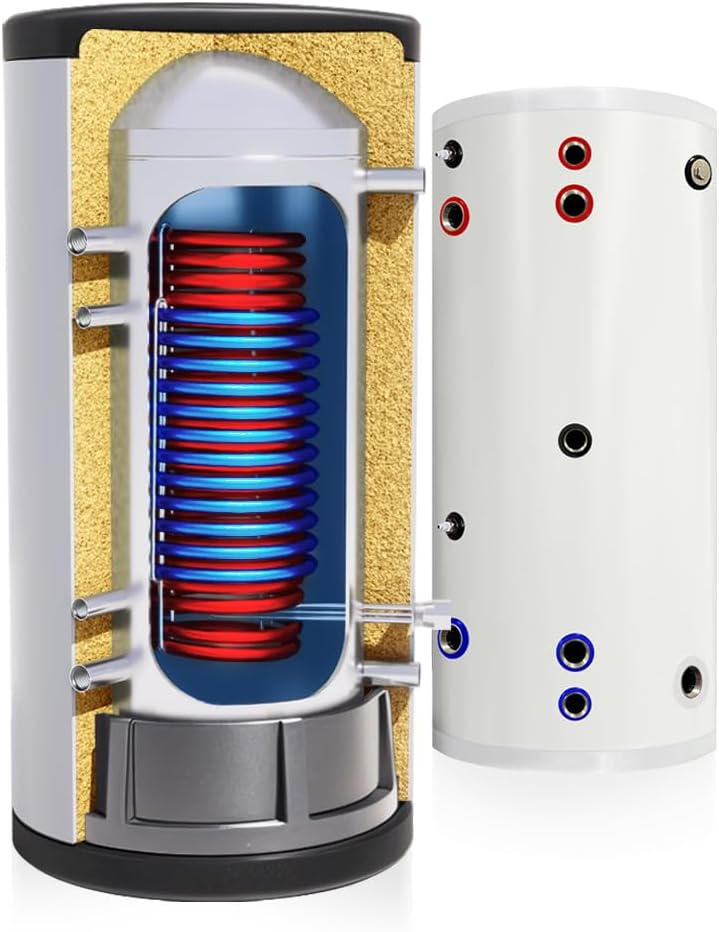 TECHGLOBE, Energieeffizient Warmwasserspeicher- mit 50mm Isolierung (300 L), Brauchwasserspeicher mit 2 Wärmetauscher (1.8 + 3.1 m²)