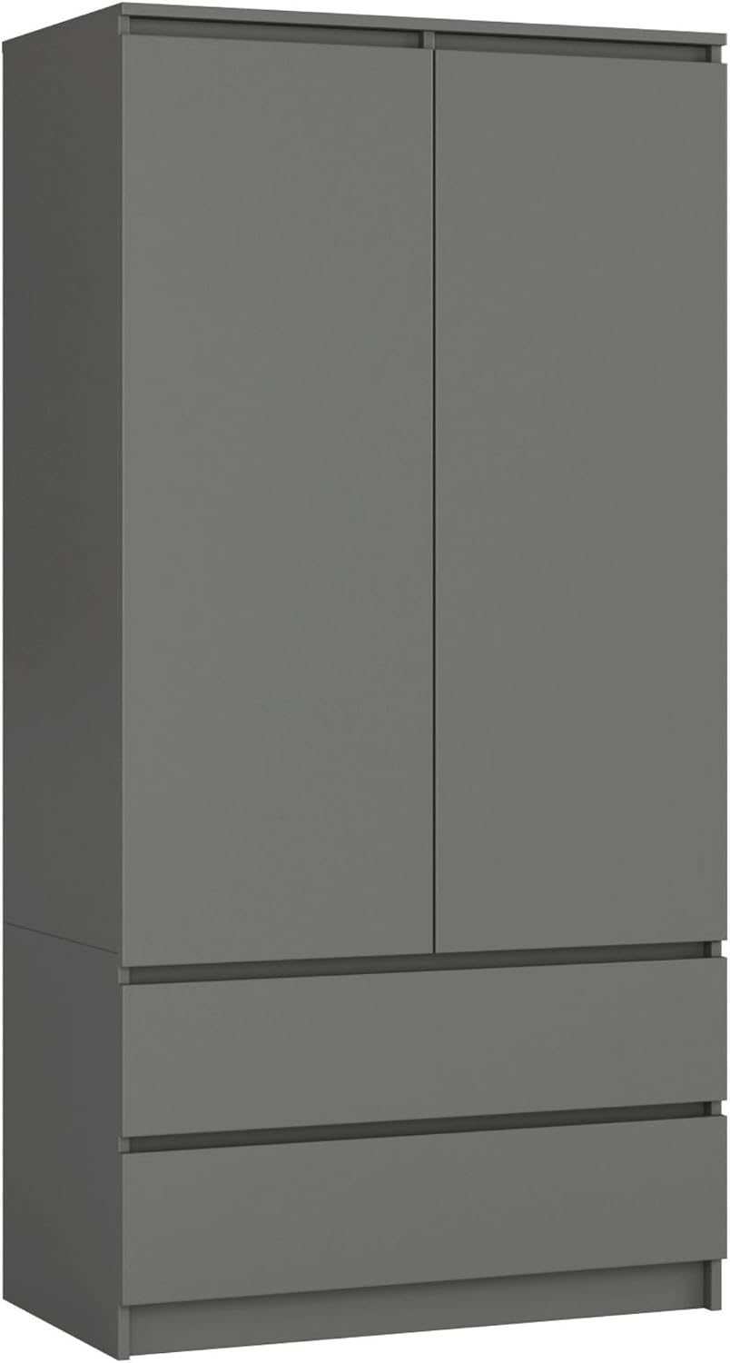 AKORD Zweitüriger Kleiderschrank S 90 cm 2 Schubladen mit Regalen und Einer Kleiderstange für EIN Schlafzimmer Kleiderschränke Minimalistischer Stil