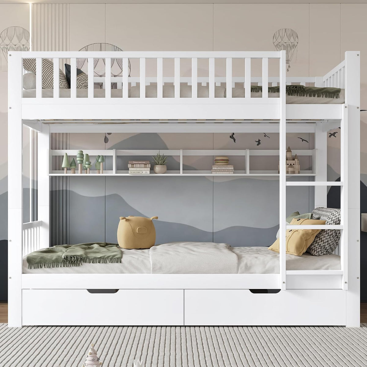 Kinderbett Etagenbett 90x200 cm für 2 Kinder, Ohne Matratze, Hochbett mit 2 Schubladen und Regale, Kiefernholzrahmen, Weiß