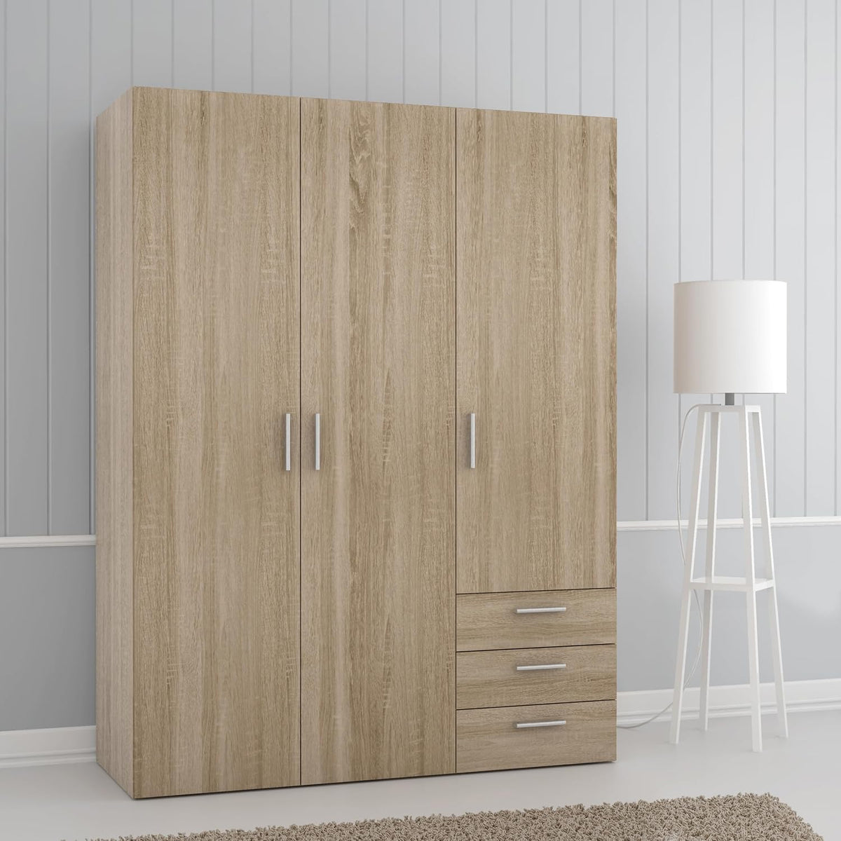 FORTE Brooklyn klassischer Kleiderschrank 140, Schrank mit 3 Türen und 3 Schubladen, 139,4 cm breit, 185 cm hoch, 54,2 cm tief, Holzwerkstoff