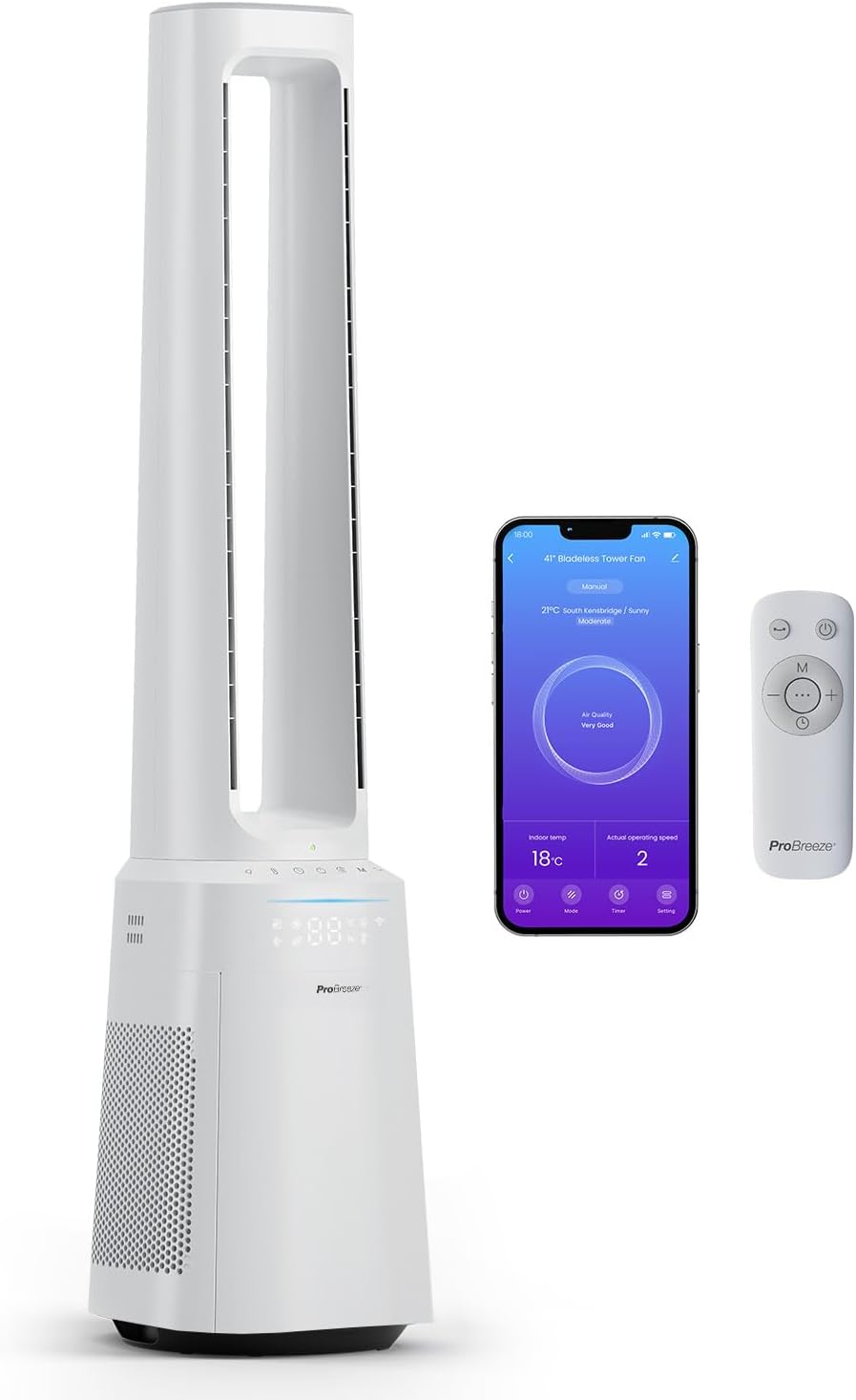 Pro Breeze OmniAir 105cm rotorloser Ventilator mit Luftreiniger, Smart Home Ventilator, WLAN, App, HEPA 13 Filter, 10 Geschwindigkeiten, 5 Modi