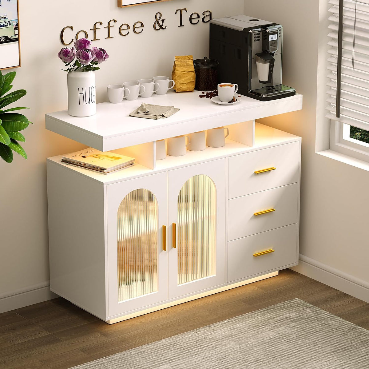 FREDEES küchenschrank Sideboard mit 3 Schubladen, Touch Control Konsole Kaffee-Bar-Tisch für Küche, Esszimmer (weiß)